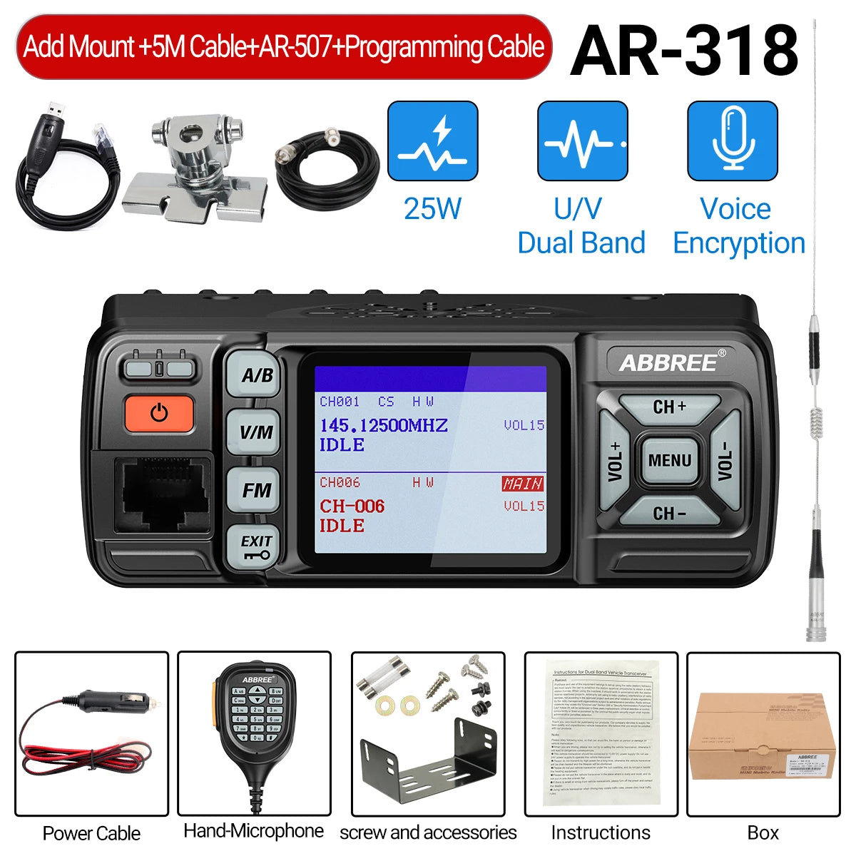 ABBREE Walkie Talkie AR-318 Mini Mobile Radio 25W U/V Band Long Range Dual Mode Watch Voice Encryption Car Walkie Talkie