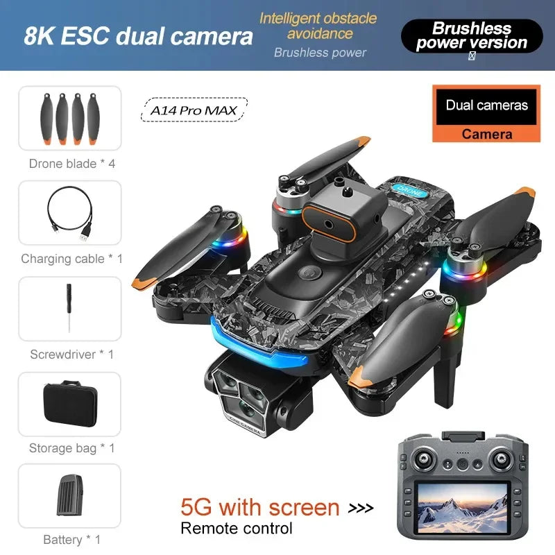 Drone A14ProMax GPS 4KHD Camera LCD Touch Screen Remote Control Quadcopter 360 ° Obstacle Avoidance Brushless RC Drone Toys