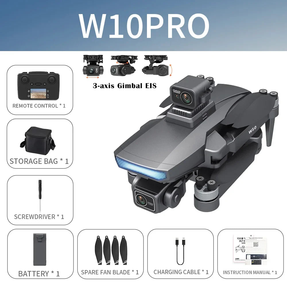 Drone W10 with 4.5 Inch Screen 3-Axis Anti-shake Gimbal Drones 4K Aerial Brushless RC Quadcopter 5G GPS 8K HD Cameras EIS Dron
