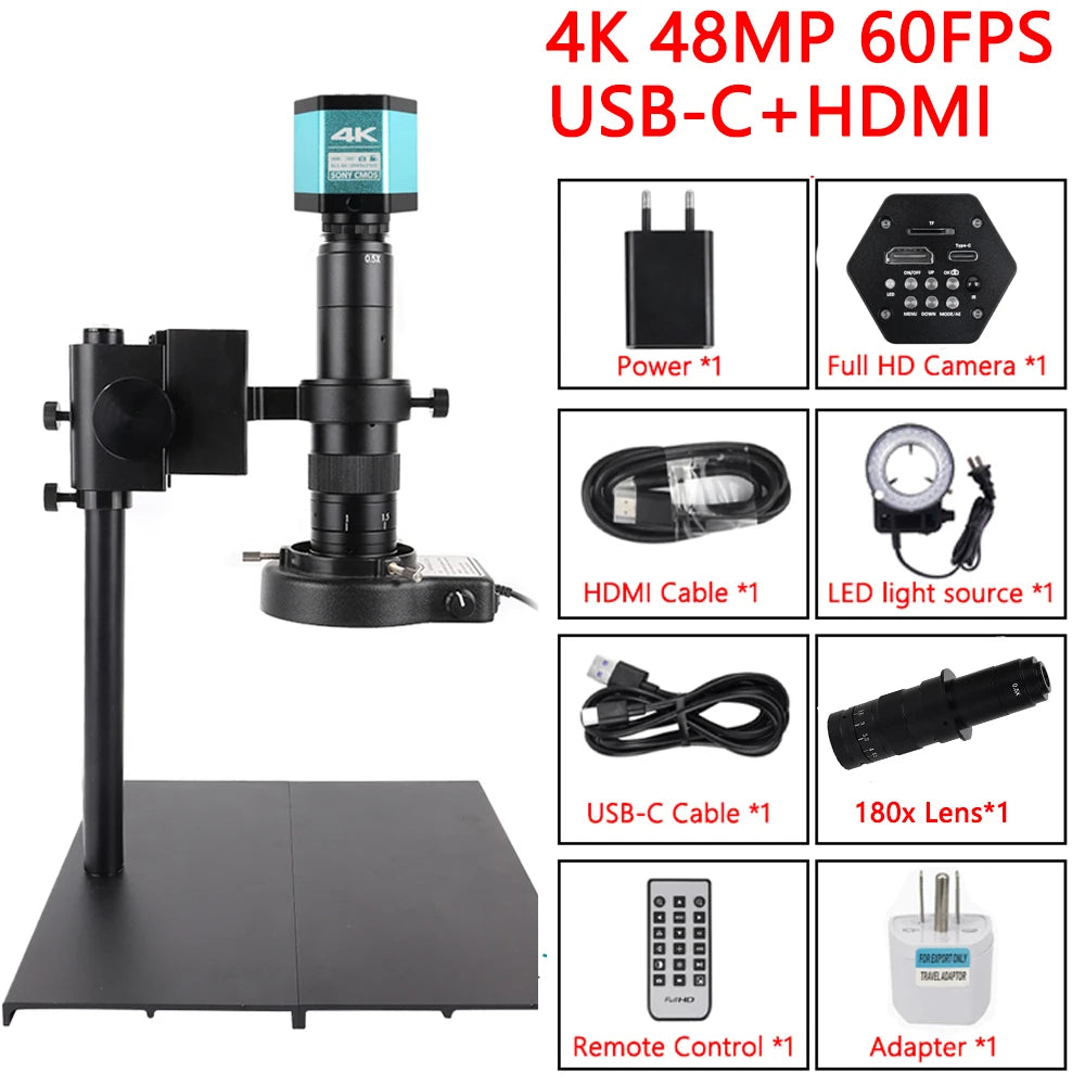 4K Microscope 48MP Digital Microscope For Electronics USB Industrial Cameras HDMI 1-180X Zoom C-Mount Lens Phone Pcb Soldering