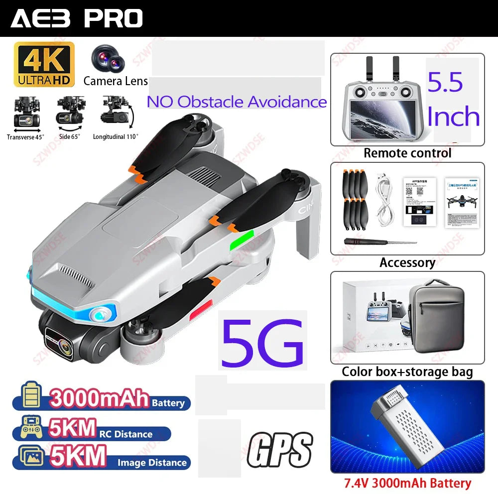 Drone professionnel AE3 Pro Max avec écran 360 ° Évitement d'obstacles sans brosse 8K double caméra 3 axes cardan quadrirotor FP