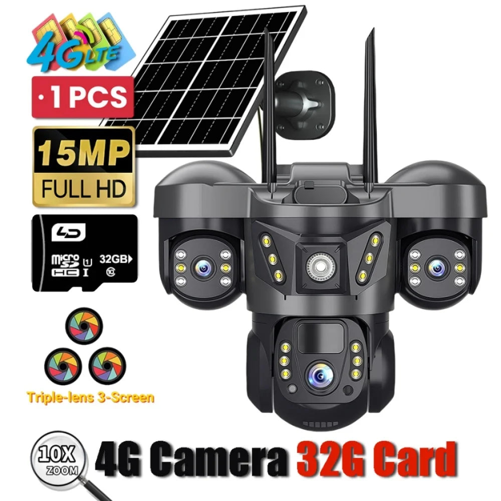 Outdoor Solar Security Camera 4G IP Camera Home Security 15MP Triple Lens 360° PTZ Surveillance Color Night Vision CCTV Camera
