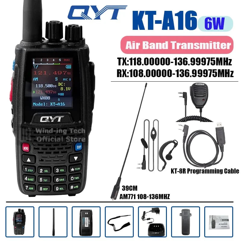 QYT KT-A16 Walkie Talkie 6W Air Band Transmitter VHF Transceiver 2000mAh NOAA Superheterodyne Circuit Aviation Portable Radios