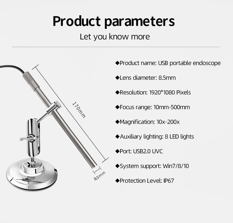 Handheld Digital Microscope Camera 1080P HD USB 8.5mm Inspection Camera 10x-200x Magnification Microscopes With 8 LED For USB C