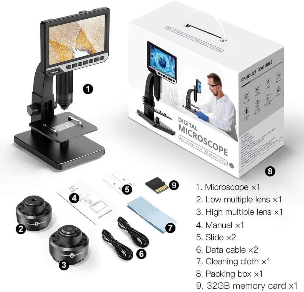 Biological Microscope Dual Lens 2000X 7" IPS HD1080P Digital Microscopes For Soldering Study With Remote Control