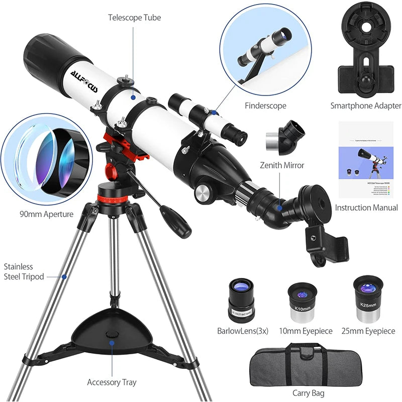 ALLFOC 80090 Astronomical Telescope, High Power Large Aperture HD Professional for Deep Space Observation Star Gazing, Tripod