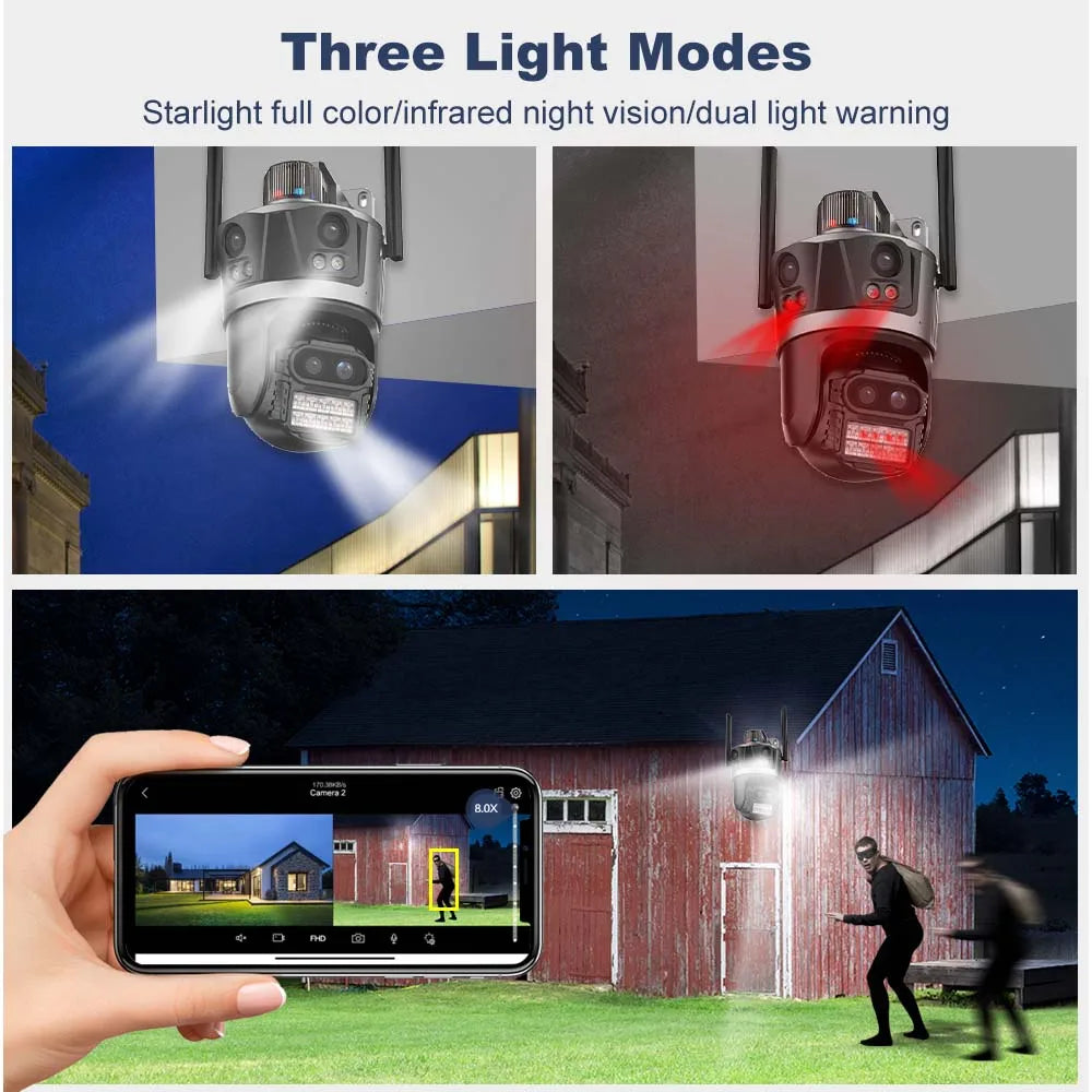 ICsee Security Camera 8K 16MP Four Lens 8X Zoom Outdoor WiFi Wireless CCTV Video Surveillance Auto Tracking Home Protection