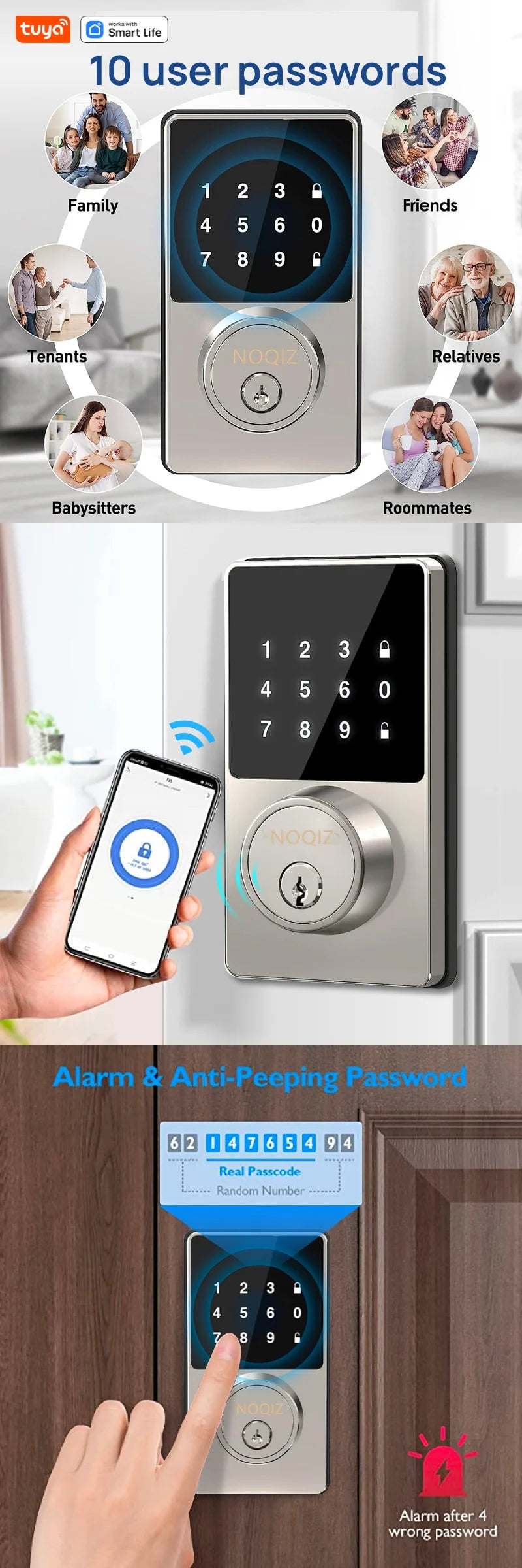 Tuya Smart Home WiFi Lock Keyless Entry Door Lock With Touchscreen Keypad APP Control Waterproof Grade IP54 Low Battery Alert