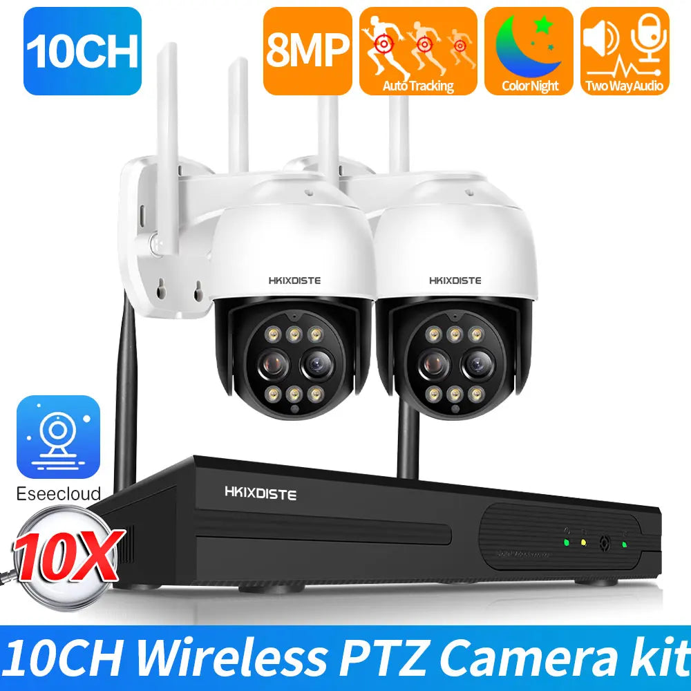 4K 8MP WiFi Security Camera System Kit Wireless CCTV System 10CH NVR Outdoor PTZ Two-Way Audio Video Surveillance Cameras P2P
