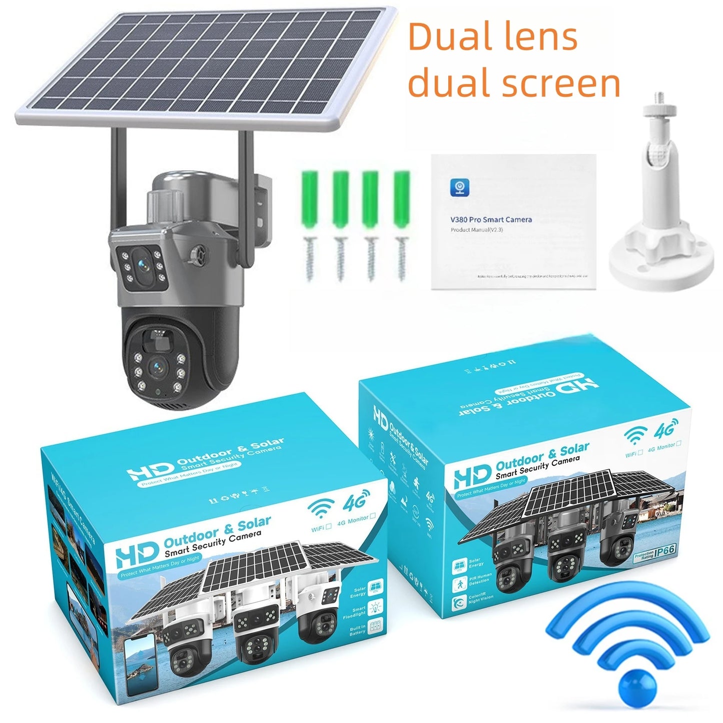 Wireless outdoor solar security camera, 1080P HD night vision 3 lens dual picture, IP65 waterproof, wireless monitor