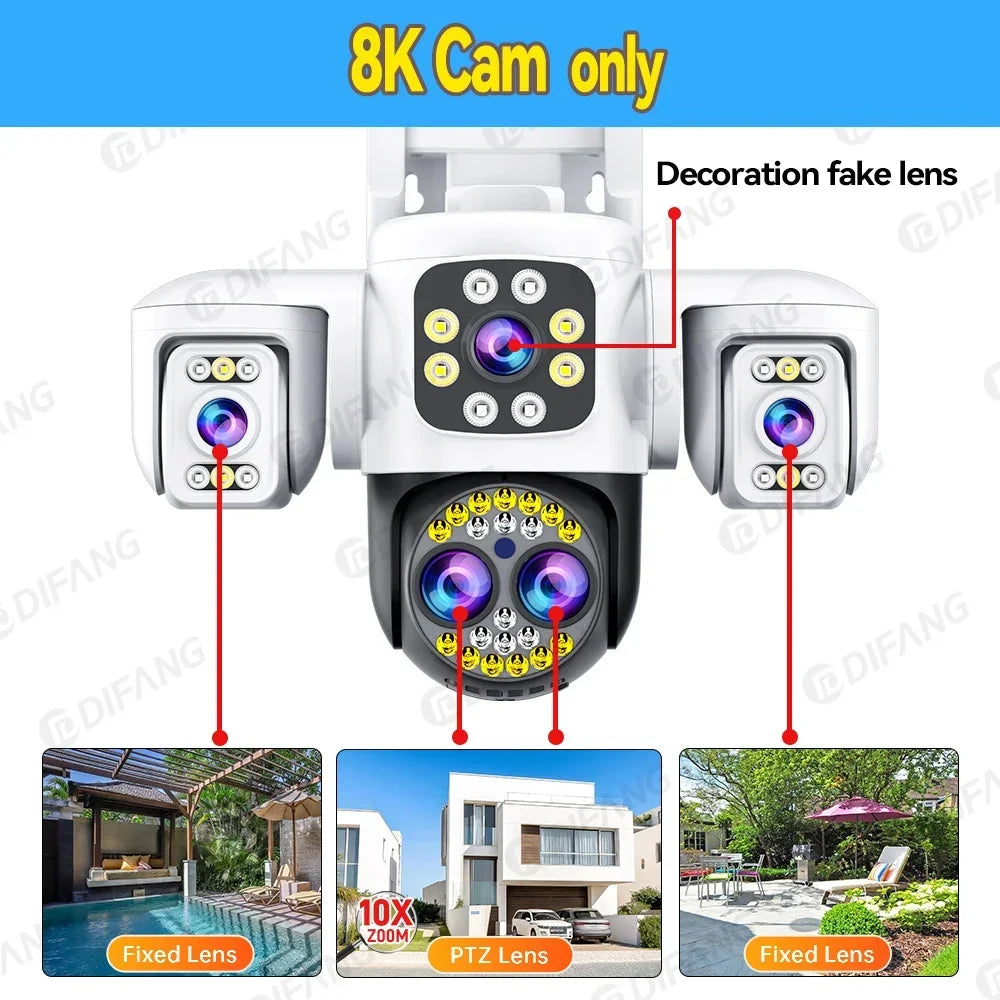 Security Protection 8K WiFi Camera Outdoor Four Lens Triple Screen 10X Zoom 360° CCTV Surveillance Ai Yoosee 16MP Security Cam