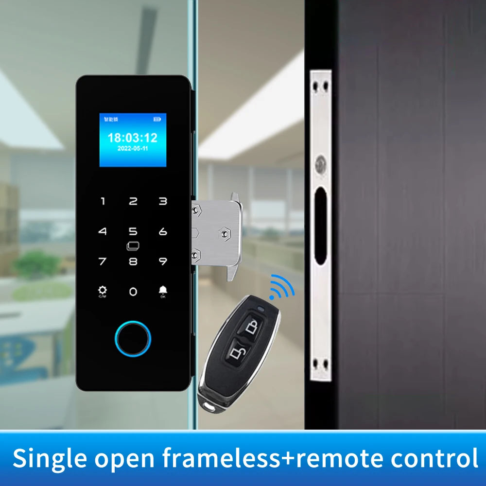 IP65 Bluetooth Smart Glass Door Lock with HAHALock App - Fingerprint/RFID/IC Card Access, Dual Hook Lock & Attendance Tracking