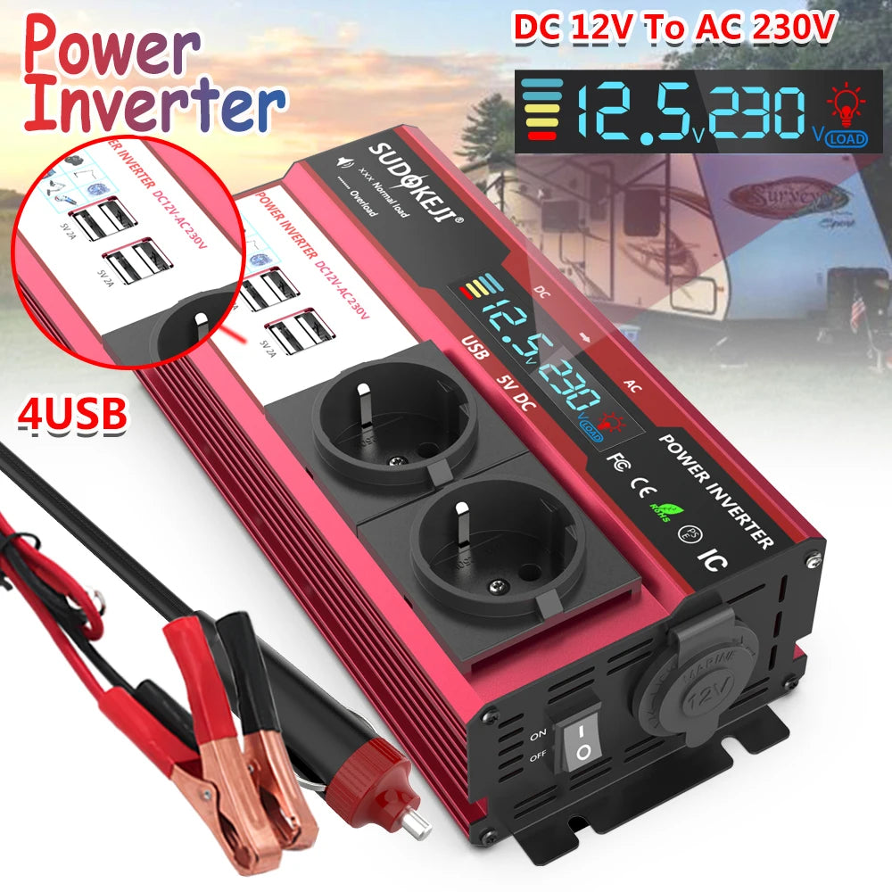 Power Inverter 2000W 3000W 4000W DC 12V To AC 220V Transformer with USB  Universal Socket Charge with LED Display for RV