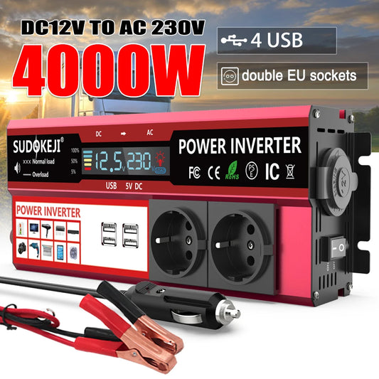 Power Inverter 2000W 3000W 4000W DC 12V To AC 220V Transformer with USB  Universal Socket Charge with LED Display for RV