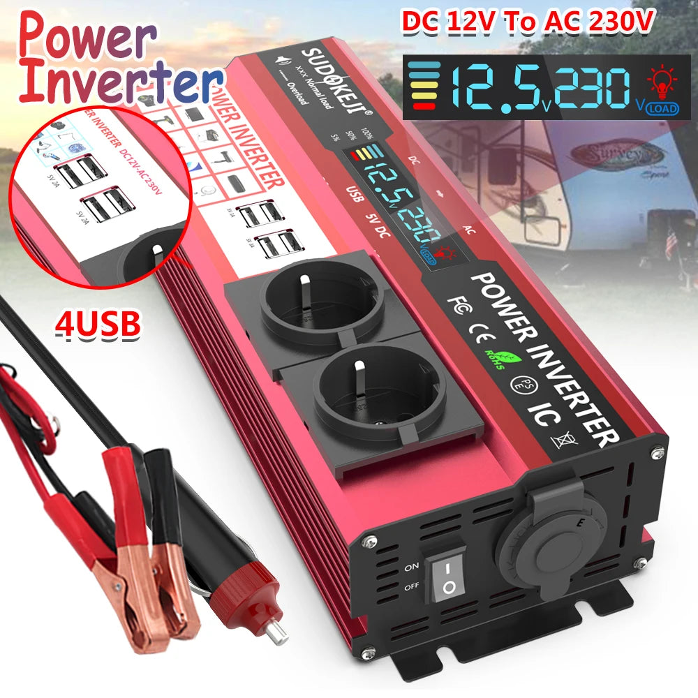 Power Inverter 2000W 3000W 4000W DC 12V To AC 220V Transformer with USB  Universal Socket Charge with LED Display for RV