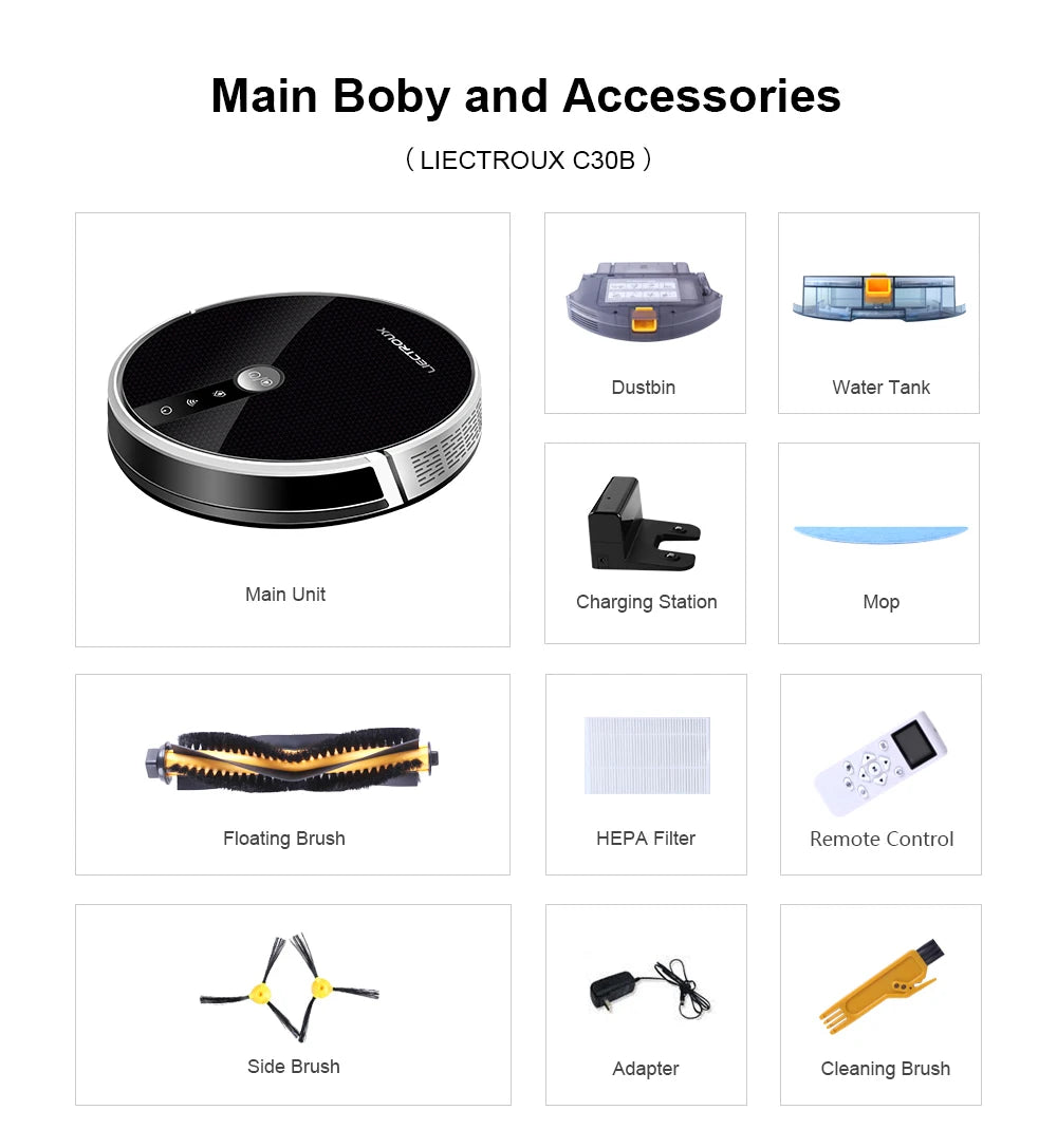 LIECTROUX/LILIN C30B Robot Vacuum Cleaner 6000Pa Suction, Map navigation with Memory,Wifi APP,Electric Water Tank,Wet Mop