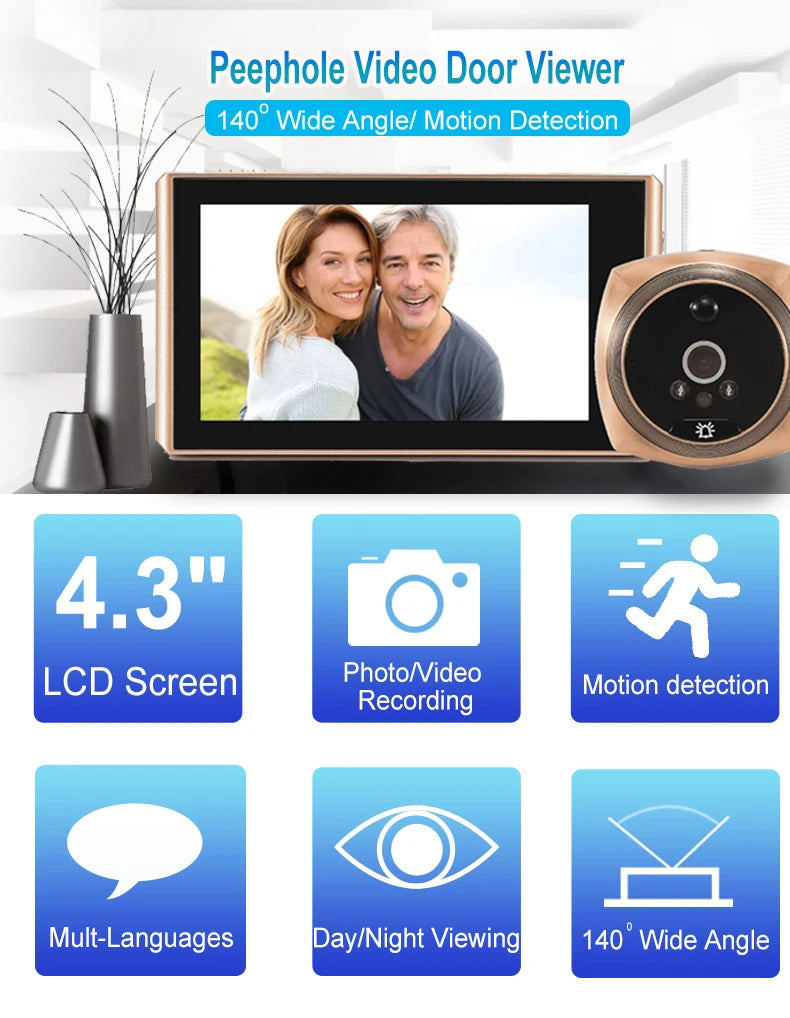Door Viewer Video Peephole Camera Motion Detection 4.3" Monitor Digital Ring Doorbell Video-eye Security Voice Record