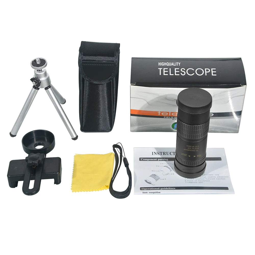 APEXEL 10-300x40 Zoom Monocular Telescope with Phone Holder Long Range Powerful Foldable Telephoto Take Photos Hunting Camping