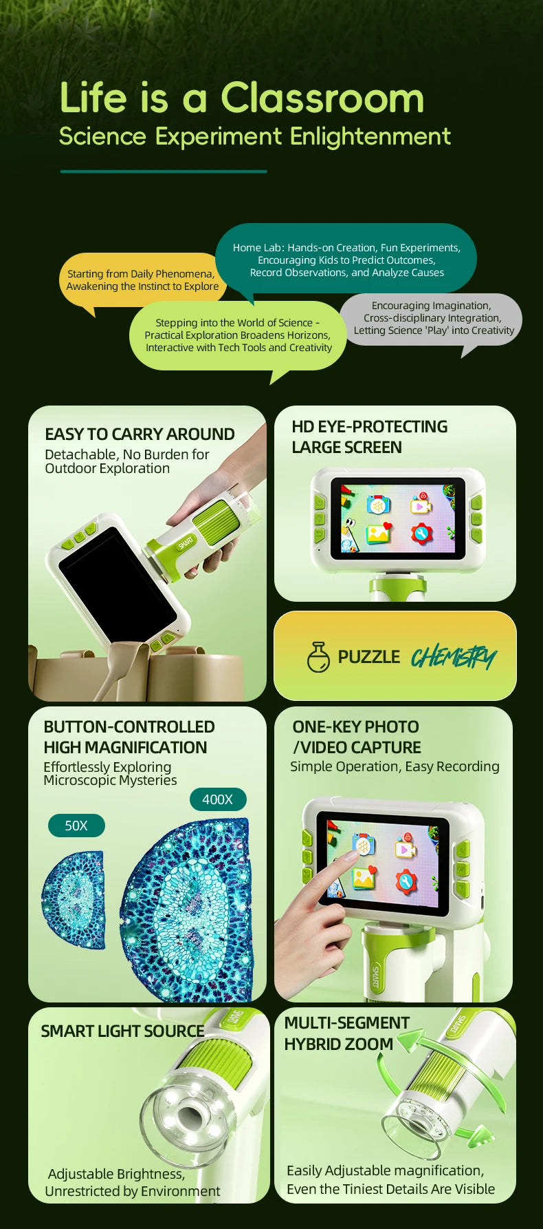 Microscope for Kids Children Microscope with 3.97 Inch Screen 1600x Zoom Mini Handheld Microscope Camera Christmas Birthday Gift