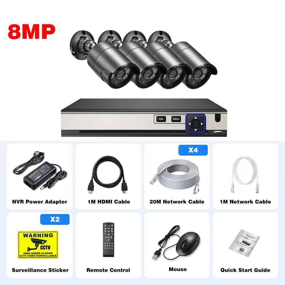 CCTV Security Camera System H.265 4K Audio Record IP66 Outdoor Waterproof 8MP IP Camera POE Video Surveillance Kit Onvif XMEYE