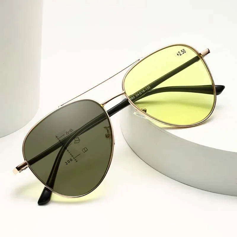 Retro Double Beam Large Frame Presbyopia Glasses Night Vision Photochromic Multifocal Reading Glasses Anti Blue Light Eyeglasses