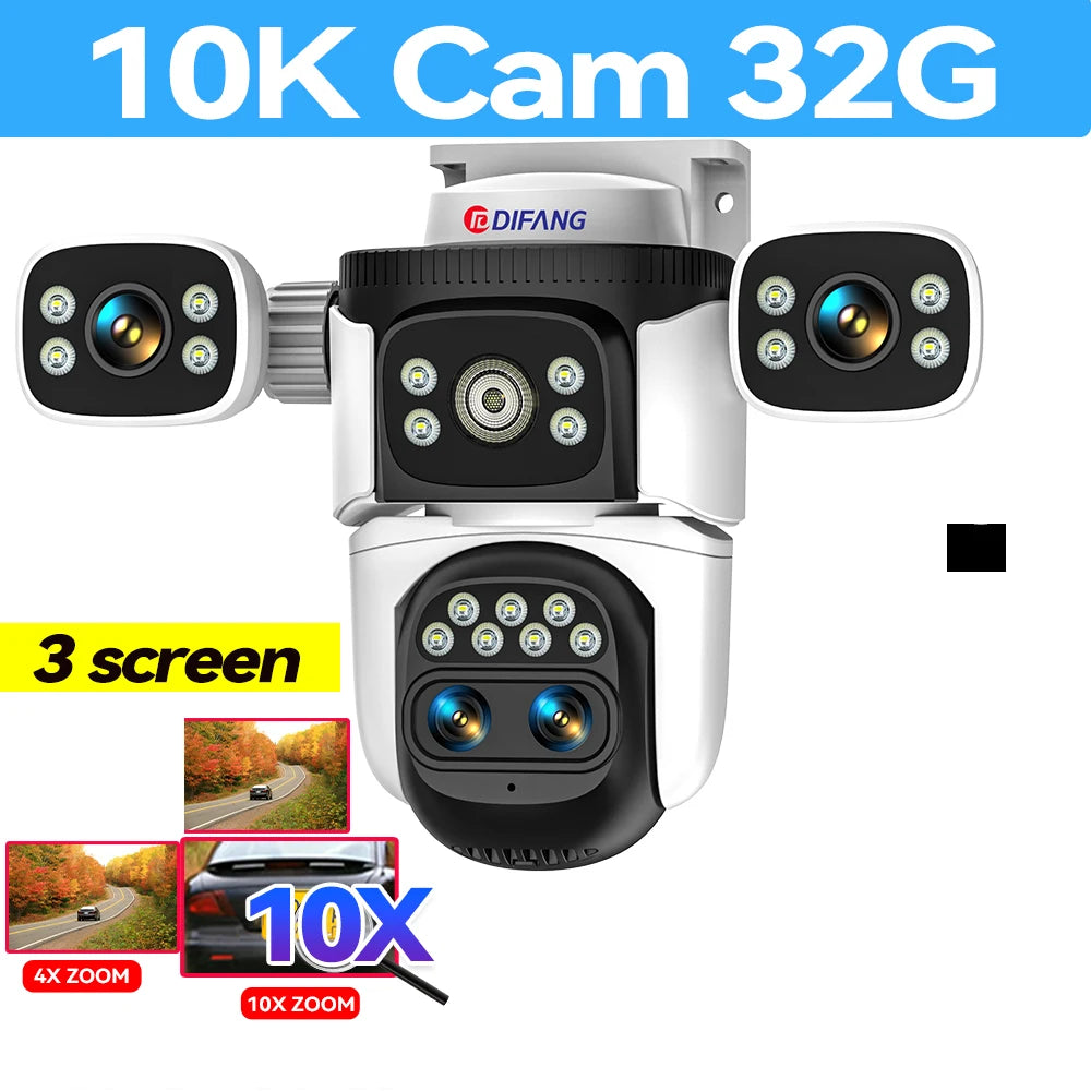 10K 20MP Three Screen Home Security WiFi Cam 360° PTZ 10X Zoom CCTV Wireless Surveillance IP Cam Security Protection Video Cam