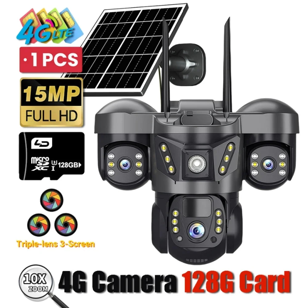Outdoor Solar Security Camera 4G IP Camera Home Security 15MP Triple Lens 360° PTZ Surveillance Color Night Vision CCTV Camera