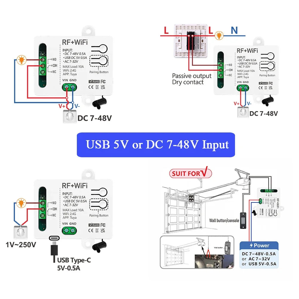 Smart home WiFi RF Wireless Remote Control light Switch Dry Contact Relay DC 12V 24V for universal garage door Electronic lock