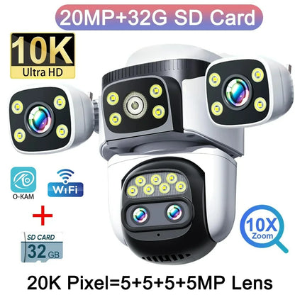 10K Home Security WiFi Camera Four Len Four Screen 360° 10X Zoom CCTV 20MP Wireless Surveillance IP Cam Security Dual Lens Cam