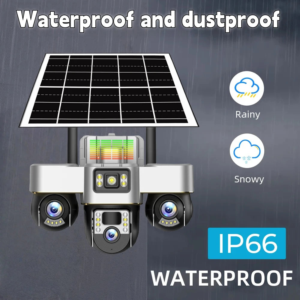 WiFi Security Solar Camera 3 Lens PTZ Outdoor IP66 15MP Motion Detection PIR Night Vision Solar Panel Monitor Multi Scene CCTV