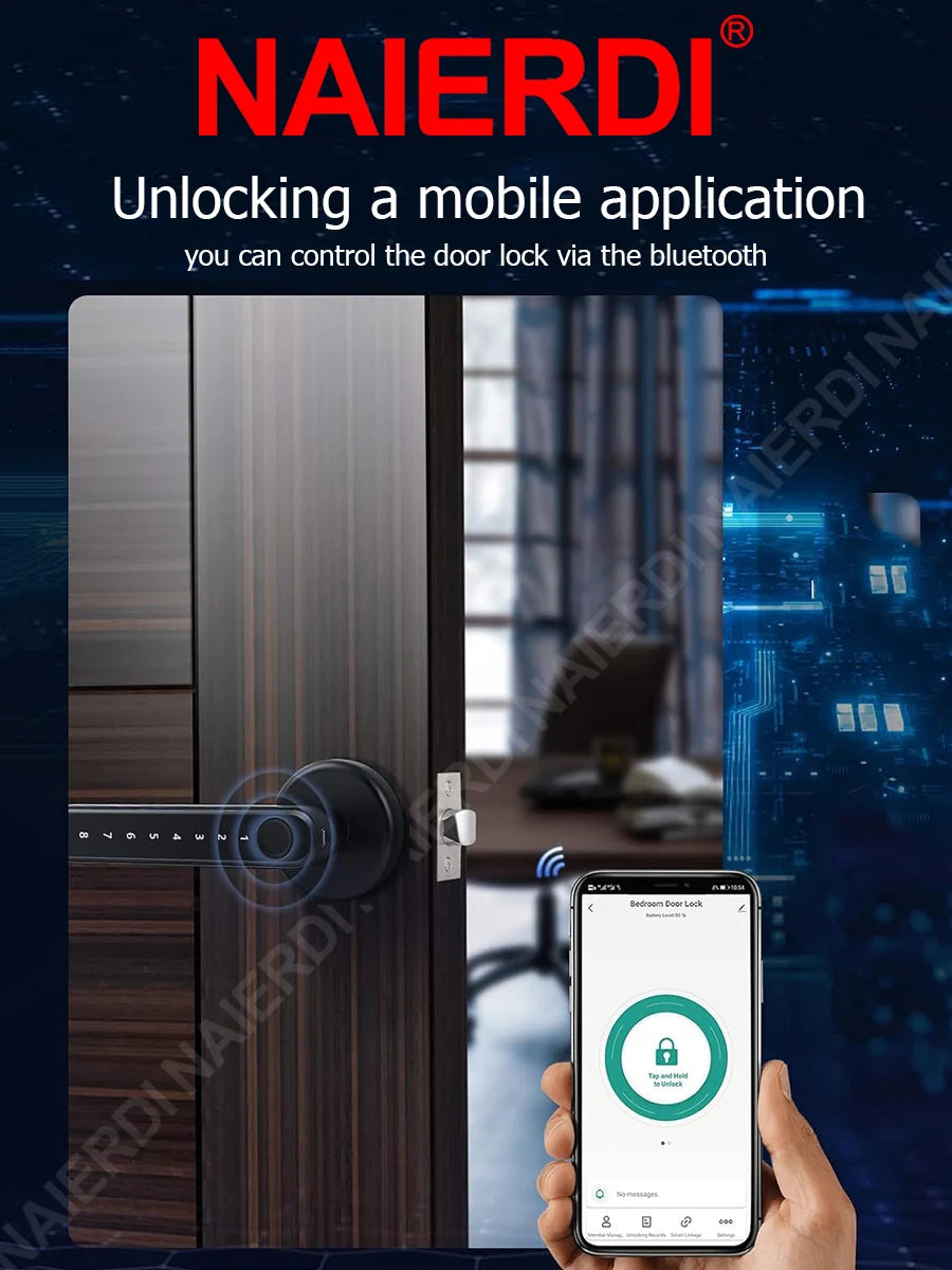 NAIERDI Smart Door Lock 5-1 Keyless Bluetooth Fingerprint Door Lock with Card Tuya APP Security Digital Door Lock with Handle