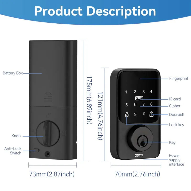 XSDTS Entry Smart Door Lock IC Card Key/Password/ Tuya Smartlife APP Unlock Front Door Smart Lock Deadbolt