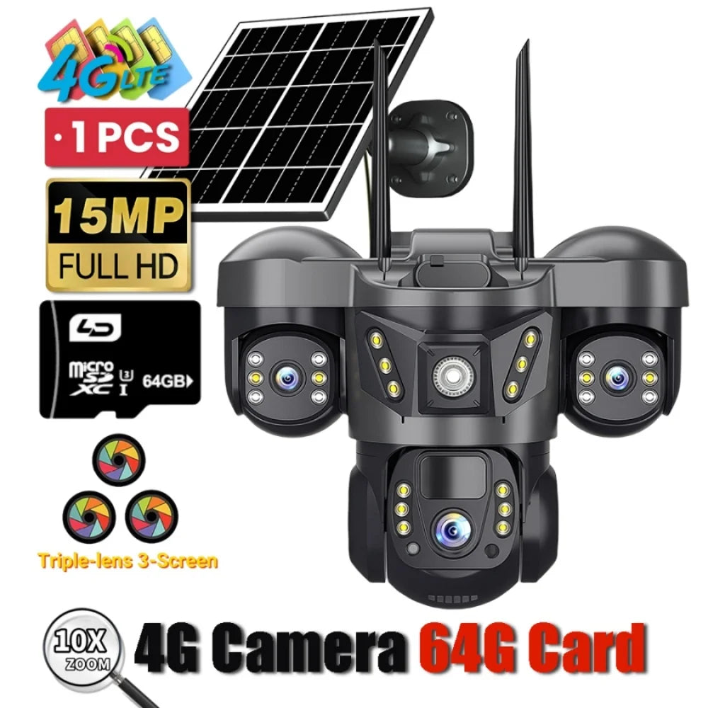Outdoor Solar Security Camera 4G IP Camera Home Security 15MP Triple Lens 360° PTZ Surveillance Color Night Vision CCTV Camera