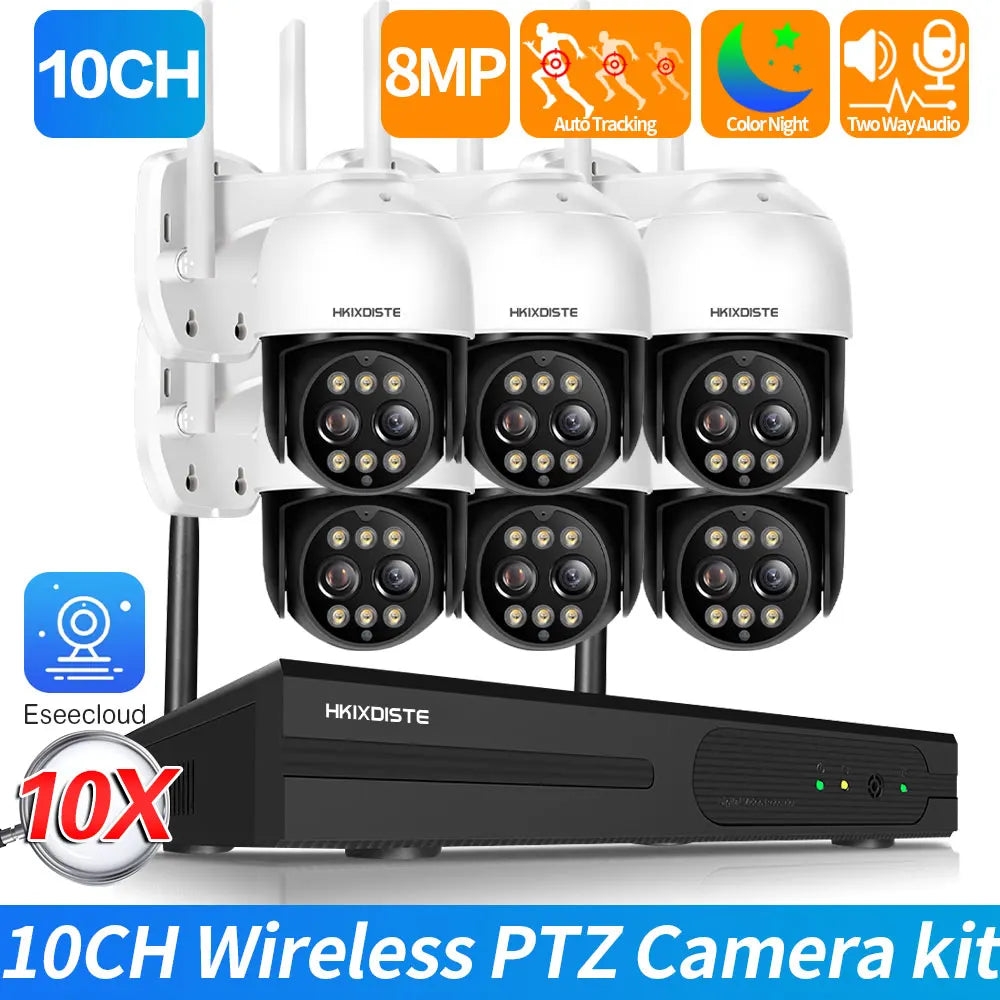 4K 8MP WiFi Security Camera System Kit Wireless CCTV System 10CH NVR Outdoor PTZ Two-Way Audio Video Surveillance Cameras P2P