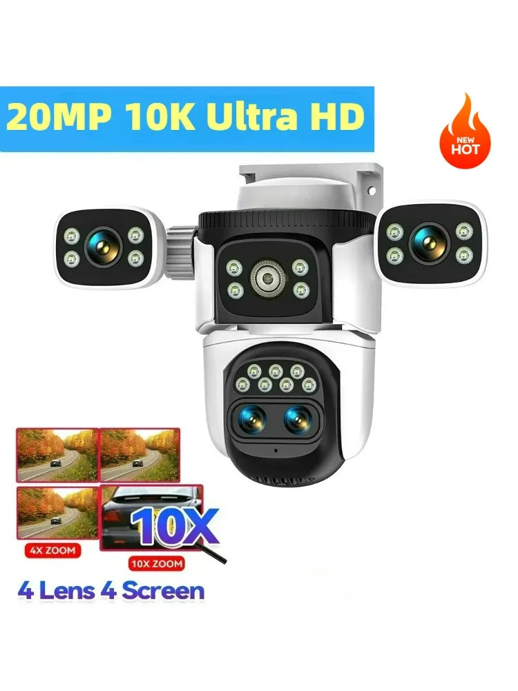 10K Home Security WiFi Camera Four Len Four Screen 360° 10X Zoom CCTV 20MP Wireless Surveillance IP Cam Security Dual Lens Cam