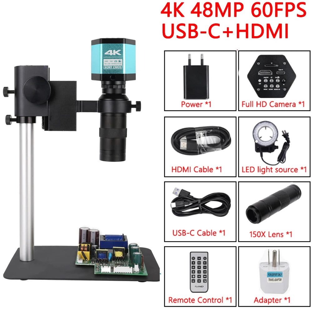4K Microscope 48MP Digital Microscope For Electronics USB Industrial Cameras HDMI 1-180X Zoom C-Mount Lens Phone Pcb Soldering