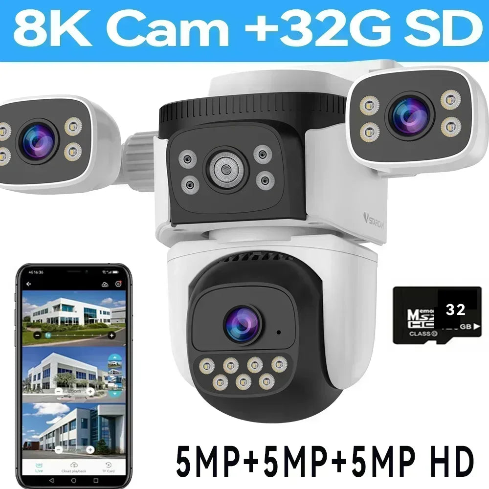 10K 20MP Three Screen Home Security WiFi Cam 360° PTZ 10X Zoom CCTV Wireless Surveillance IP Cam Security Protection Video Cam