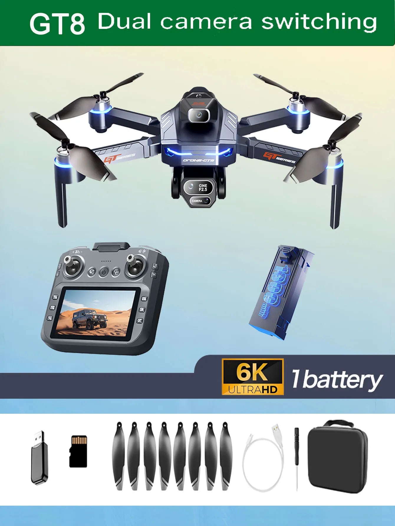 The GT8 drone is equipped with a 4.3-inch large-screen remote control, GPS, 8K triple camera, 5G WIFI, FPV brushless quadcopter