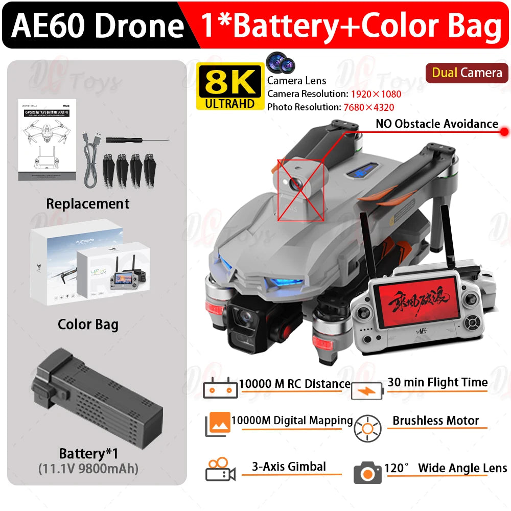 AE60 professional dron 7.2-inch touch screen RC 12KM drone with 8K dual cameras three-axis gimbal 5G GPS avoiding Quadcopter