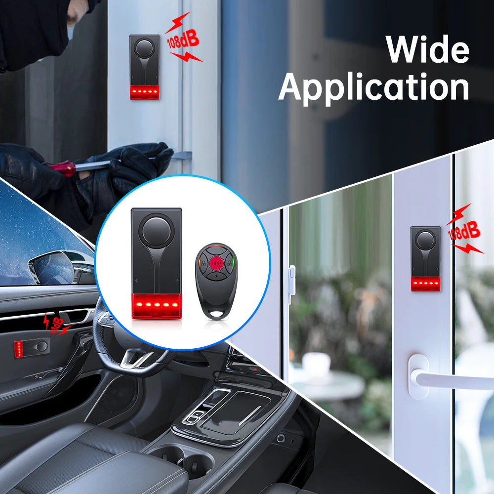 Wireless Car Vibration Alarm With Light 108dB Loud Car Door And Window Anti Theft Alarm Bike Motorcycle Security Alarm