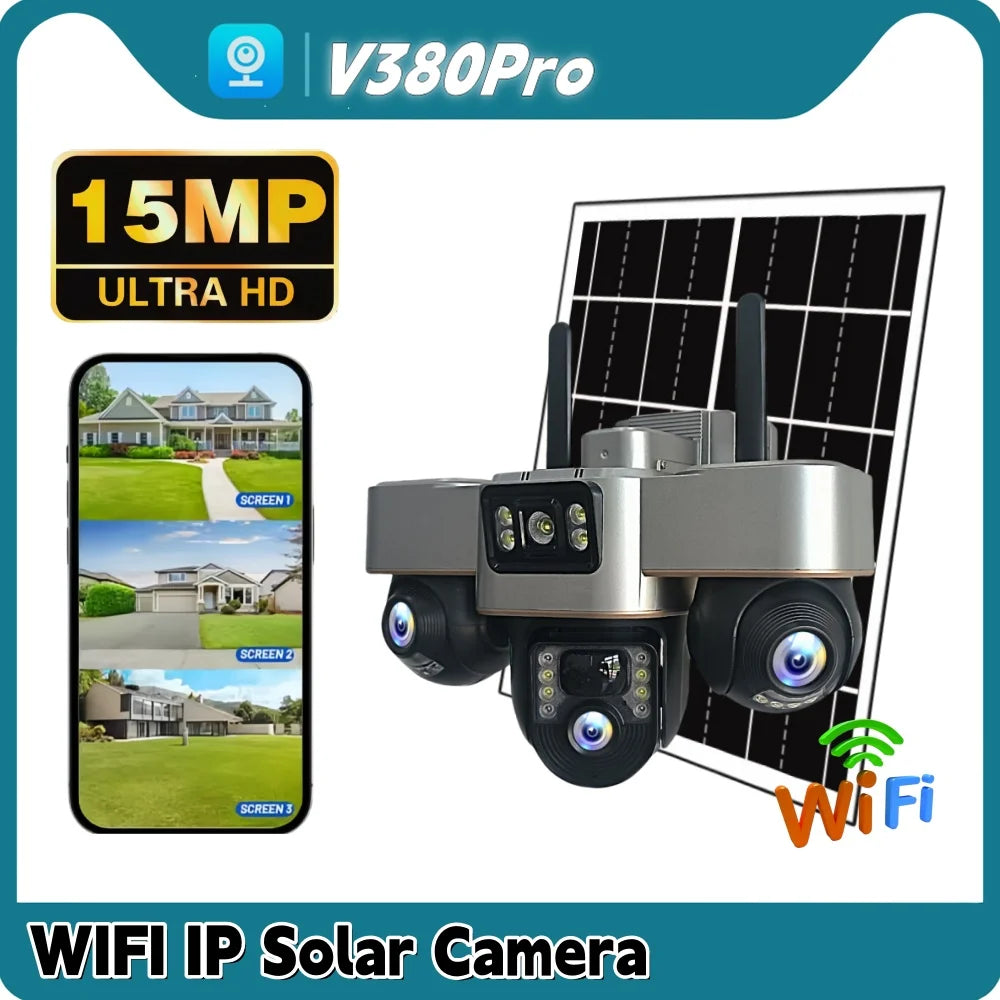 WiFi Security Solar Camera 3 Lens PTZ Outdoor IP66 15MP Motion Detection PIR Night Vision Solar Panel Monitor Multi Scene CCTV