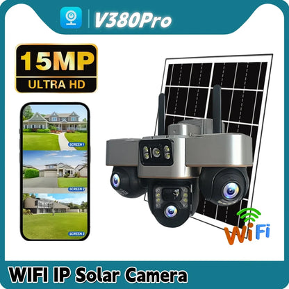 WiFi Security Solar Camera 3 Lens PTZ Outdoor IP66 15MP Motion Detection PIR Night Vision Solar Panel Monitor Multi Scene CCTV