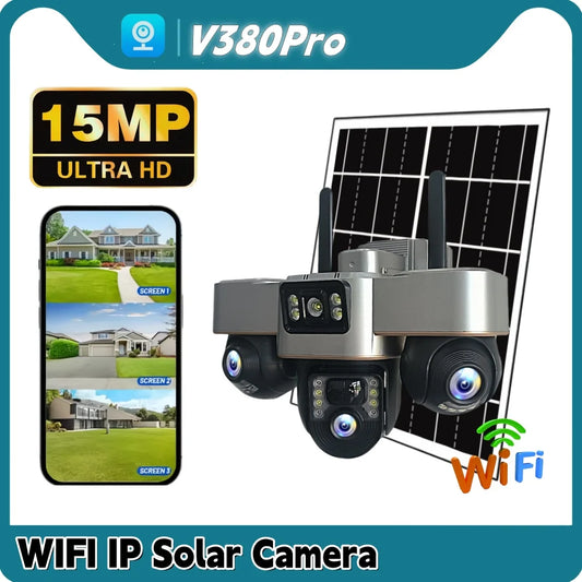 WiFi Security Solar Camera 3 Lens PTZ Outdoor IP66 15MP Motion Detection PIR Night Vision Solar Panel Monitor Multi Scene CCTV
