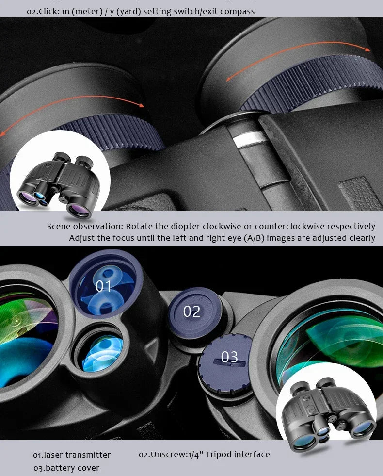 1500m Marine Binoculars for Adults 8x40 with Rangefinder and Compass IP65 Waterproof Marine UHD Binoculars Field of View 8°,