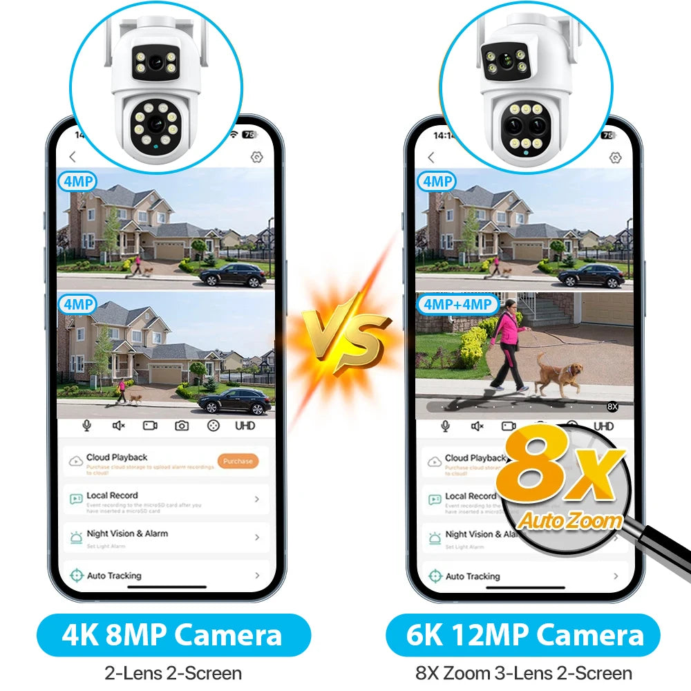 6K 12MP Security Camera 8X Zoom Three Lens Dual Screen Outdoor WiFi Home Protection IP Cam PTZ CCTV Video Surveillance Icsee