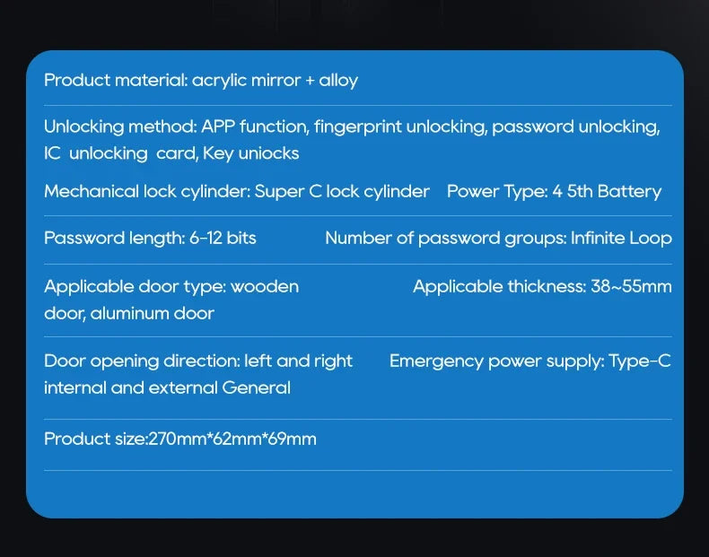 Smart Card Key Access and USB Emergency Charging Smartlock Smart Electronic Door Lock Fingerprint Biometrics Application Control