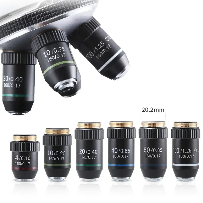 Biological Microscopes Lens 4X 10X 20X 40X 60X 100X(oil) 195 Achromatic Objective Lens Parts