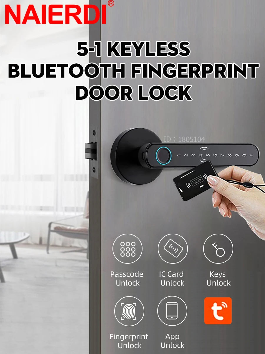 NAIERDI Smart Door Lock 5-1 Keyless Bluetooth Fingerprint Door Lock with Card Tuya APP Security Digital Door Lock with Handle