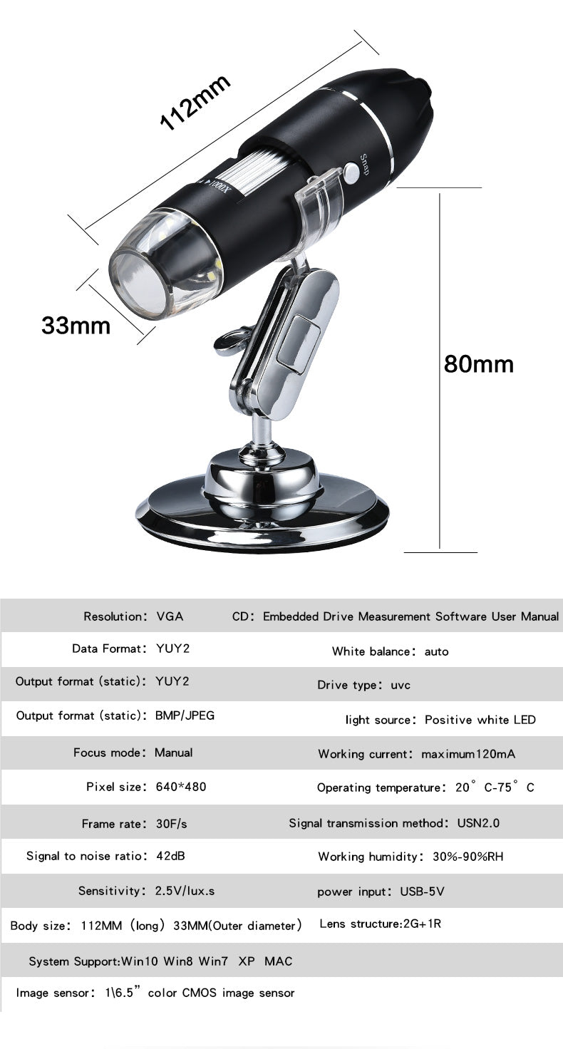 1600X 1000X USB Microscope Handheld Portable Digital Microscope USB Interface Electron Microscopes with 8 LEDs with Bracket