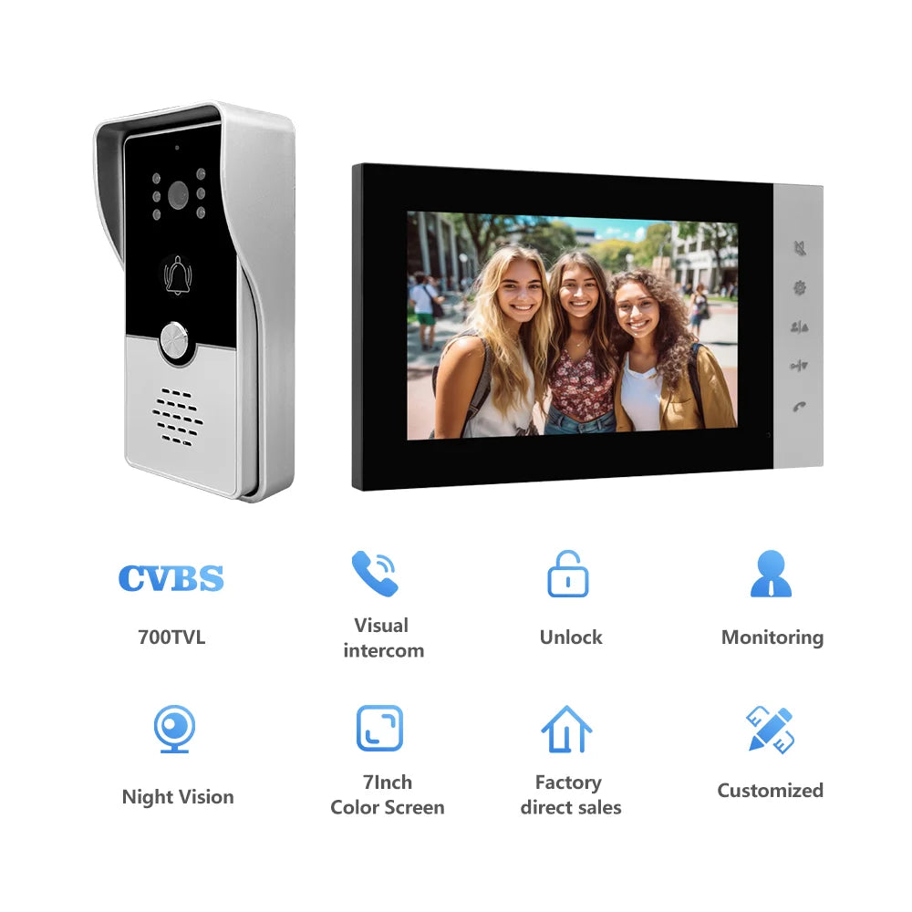 720P Video Doorbell 7‘’ Color Screen Home IntercomHigh-Definition Intelligent Night Vision Electronic Access Control System